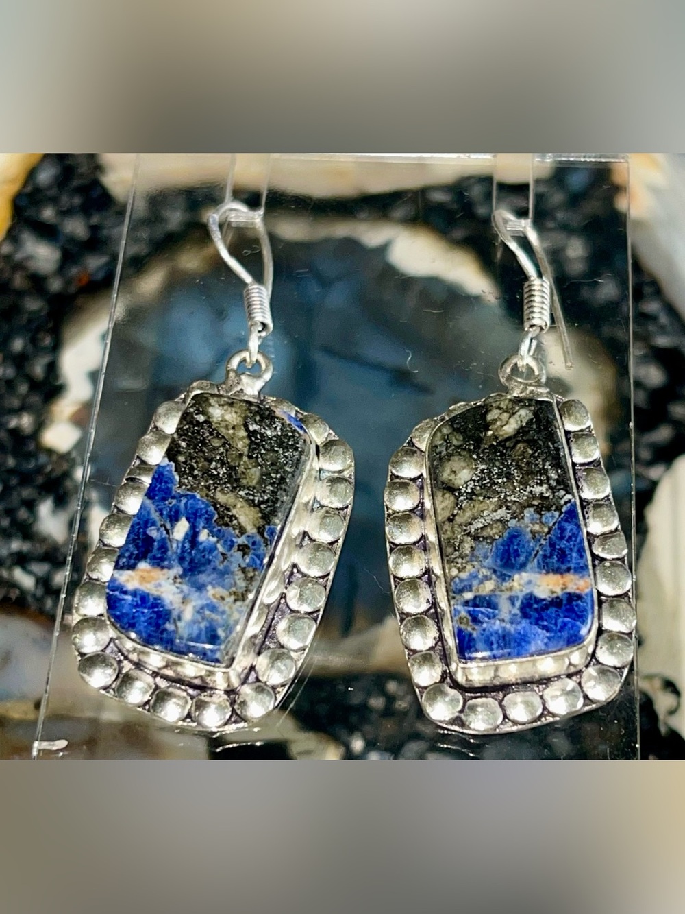 Navy Sodalite with Pyrite Earrings 2” - Picture 7 of 15